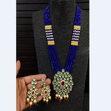 Glass Crystal Beaded Kundan Multilayer Designer Necklace Earring Set Blue