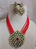 Glass Crystal Beaded Kundan Multilayer Necklace Earring Set Red
