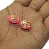5 Pcs, 17x12mm Handpainted Kundan Work Oval Beads Pink
