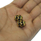2 Pairs , 15mm Brass Meenakari Pacchi Ball Beads Black