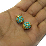 2 Pairs , 15mm Brass Meenakari Pacchi Ball Beads Turquoise