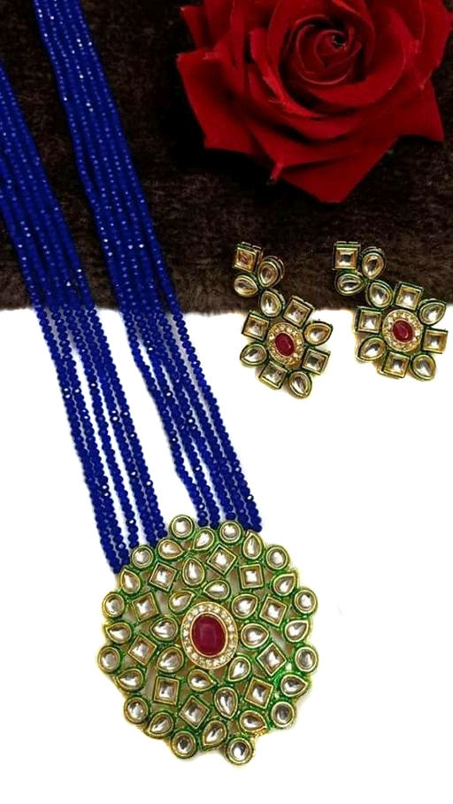 Glass Crystal Beaded Kundan Multilayer Necklace Earring Set Blue