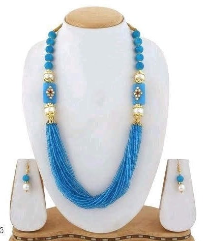 Glass Kundan Beaded Long Necklace Turquoise For Girls