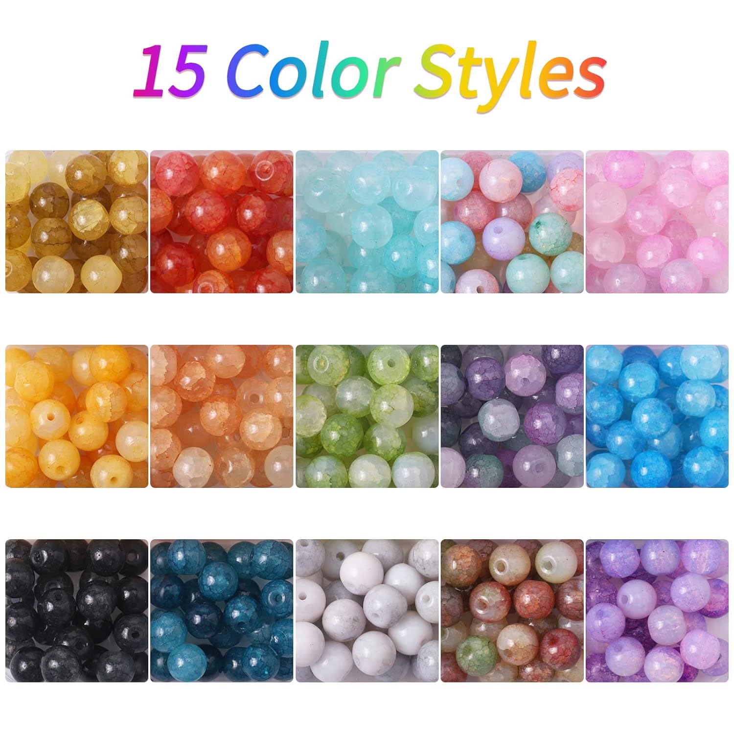 375 Pcs 8MM Crackle Round Glass Beads 15 Grid DIY Box Kit For Jewellery Making