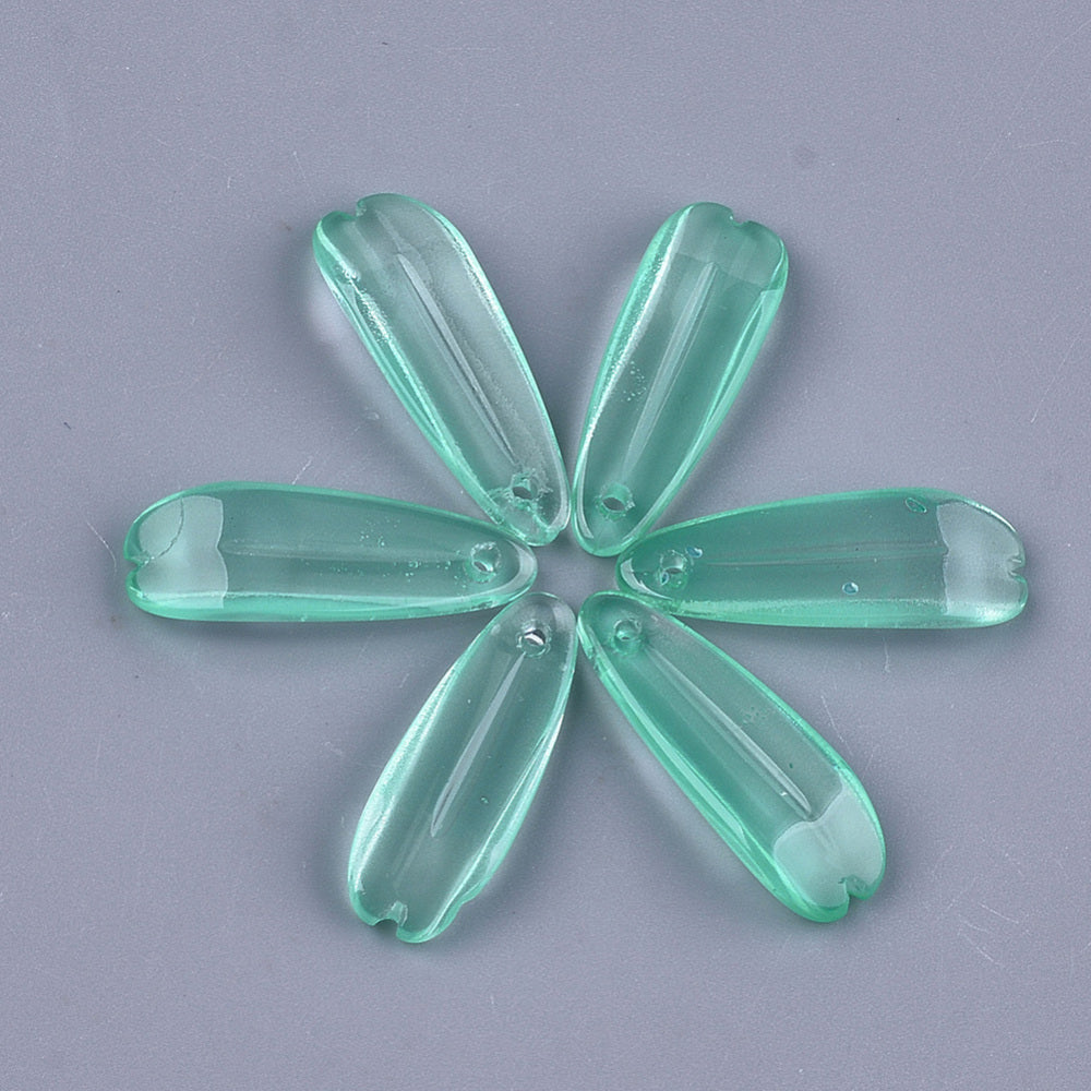 10 Pcs, 25x8.5mm, Transparent Glass Leaf Charms Aqua