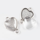 DIY Tibetan Alloy Cabochon Connector Settings and Glass Cabochons, Heart, Antique Silver, 26x18x2mm