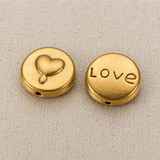13x5mm, Alloy Beads Flat Round with Heart and Word Love Antique Golden