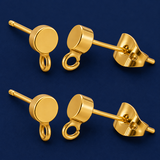 4 Pcs Flat Round Brass Stud Earring, with Loops and 2 Pairs Ear Nuts, Real 18K Gold Plated, 4mm