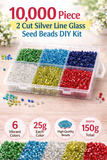 2 Cut Silver Line Glass Seed Beads DIY Kit for Jewellery Making, Beading, Embroidery and Art and Crafts, Size 11/0 (2mm)
