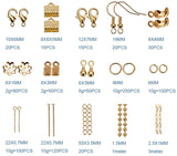 Golden Plated Jewellery Finding Material Mix Box, Eyepins, Headpins, Ear Hooks, Bead Caps, Jumprings, Clasps Chains and Cord End