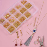 Golden Plated Jewellery Finding Material Mix Box, Eyepins, Headpins, Ear Hooks, Bead Caps, Jumprings, Clasps Chains and Cord End