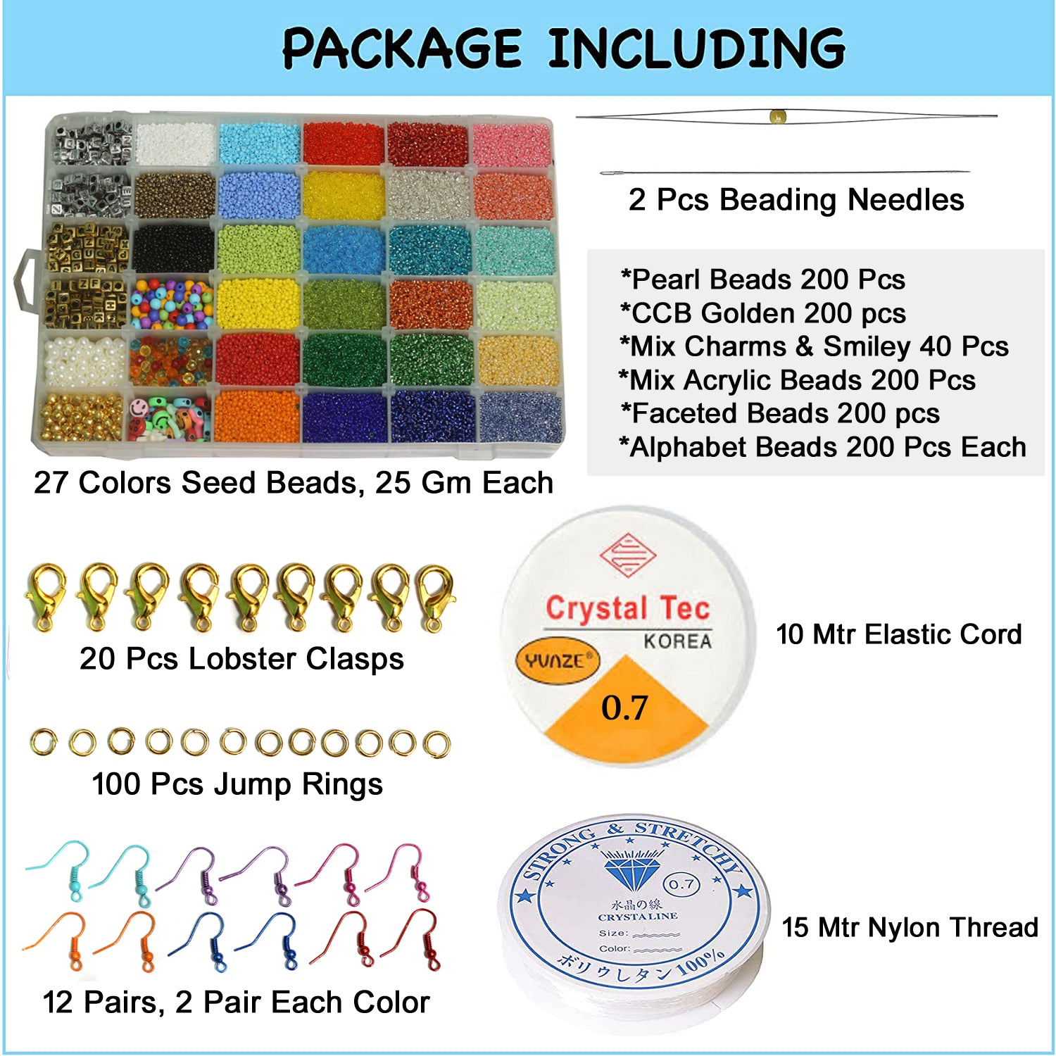 36 Grid Cells Glass Seed , Pearls, Acrylic and Alphabet Beads DIY Kit with Thread, Needle and Findings for Jewellery Making, Beading