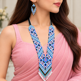 Handcrafted Blue Geometric Beaded Necklace & Earrings Set