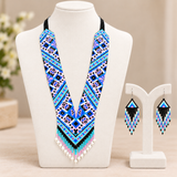 Handcrafted Blue Geometric Beaded Necklace & Earrings Set