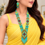 Handcrafted Turquoise Floral Beaded Necklace & Earrings Set