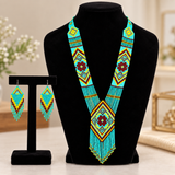 Handcrafted Turquoise Floral Beaded Necklace & Earrings Set