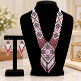 Handcrafted Crimson & Ivory Geometric Beaded Necklace