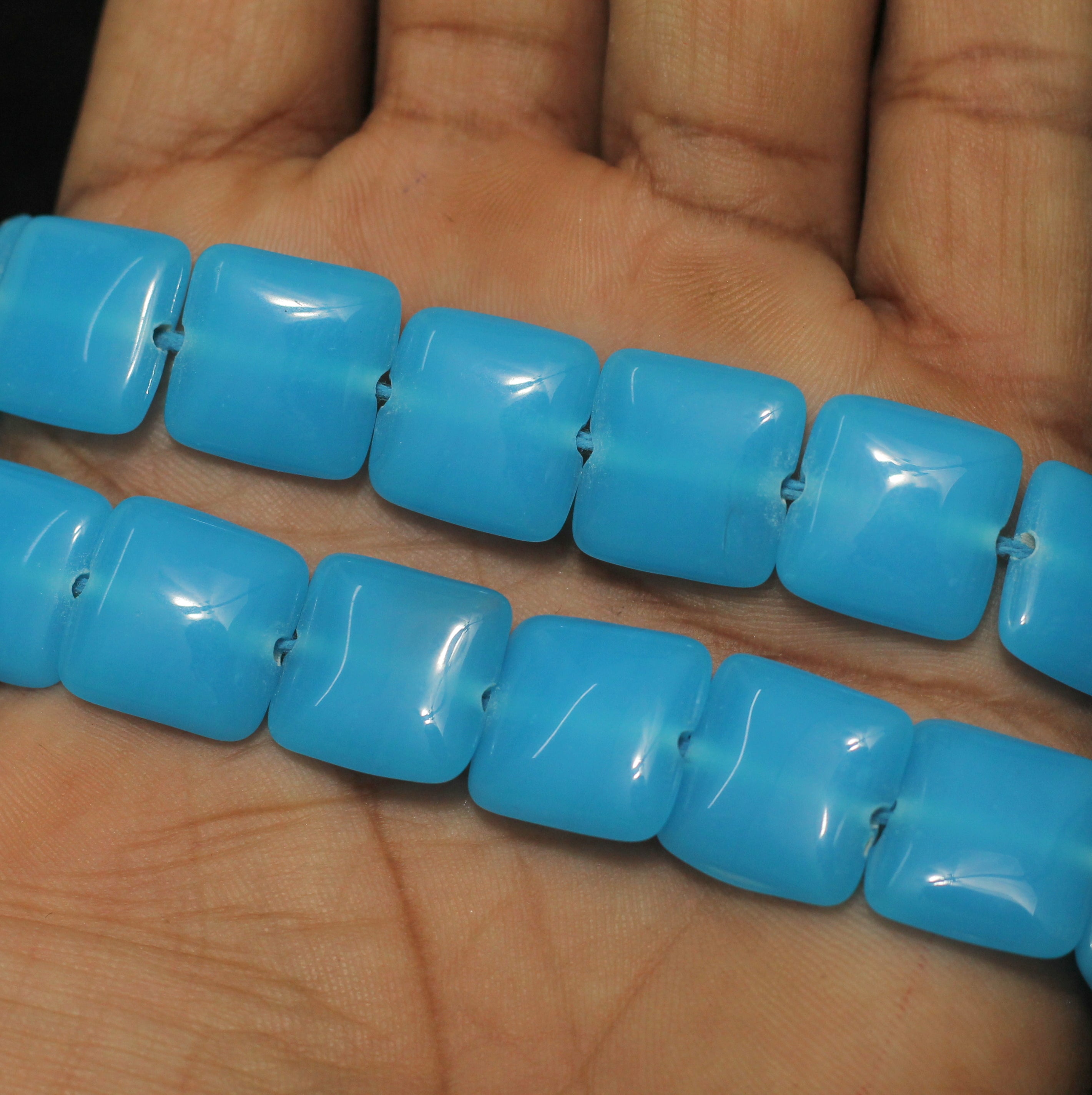 1 String 15mm Blue Fire Polish Square Beads Sky Blue