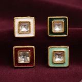 10 Pcs, 11mm Meenakari Kundan Earring Studs - Square