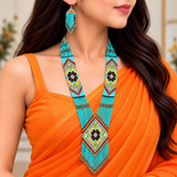 Handcrafted Turquoise Floral Beaded Necklace & Earrings Set