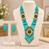 Handcrafted Turquoise Floral Beaded Necklace & Earrings Set