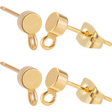 4 Pcs Flat Round Brass Stud Earring, with Loops and 2 Pairs Ear Nuts, Real 18K Gold Plated, 4mm