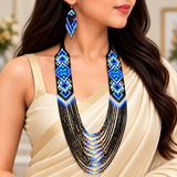 Handcrafted Blue & Black Multistrand Beaded Necklace Set