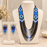 Handcrafted Blue & Black Multistrand Beaded Necklace Set