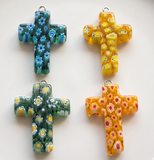 4 Pcs Millefiori Glass Cross Pendants MultiColor 28x20mm