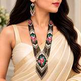 Handcrafted Black Beaded Rose Motif Necklace Set