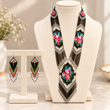 Handcrafted Black Beaded Rose Motif Necklace Set