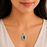 92.5 Sterling Silver Green Emerald Cut Pendant