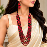 Handcrafted Crimson & Black Multistrand Beaded Necklace Set