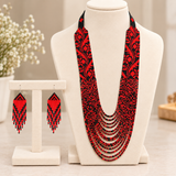 Handcrafted Crimson & Black Multistrand Beaded Necklace Set