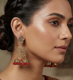 German Silver Beads Hanging Jhumka Earring Red