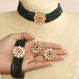 Glass Crystal Beaded Kundan Choker, Bracelet and Earring Set