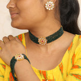Glass Crystal Beaded Kundan Choker, Bracelet and Earring Set