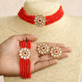Glass Crystal Beaded Kundan Choker, Bracelet and Earring Red