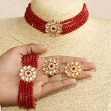 Glass Crystal Beaded Kundan Choker, Bracelet and Earring Mahroon