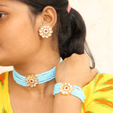 Glass Crystal Beaded Kundan Choker, Bracelet and Earring Turquoise