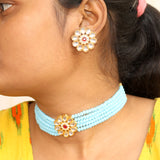 Glass Crystal Beaded Kundan Choker, Bracelet and Earring Turquoise