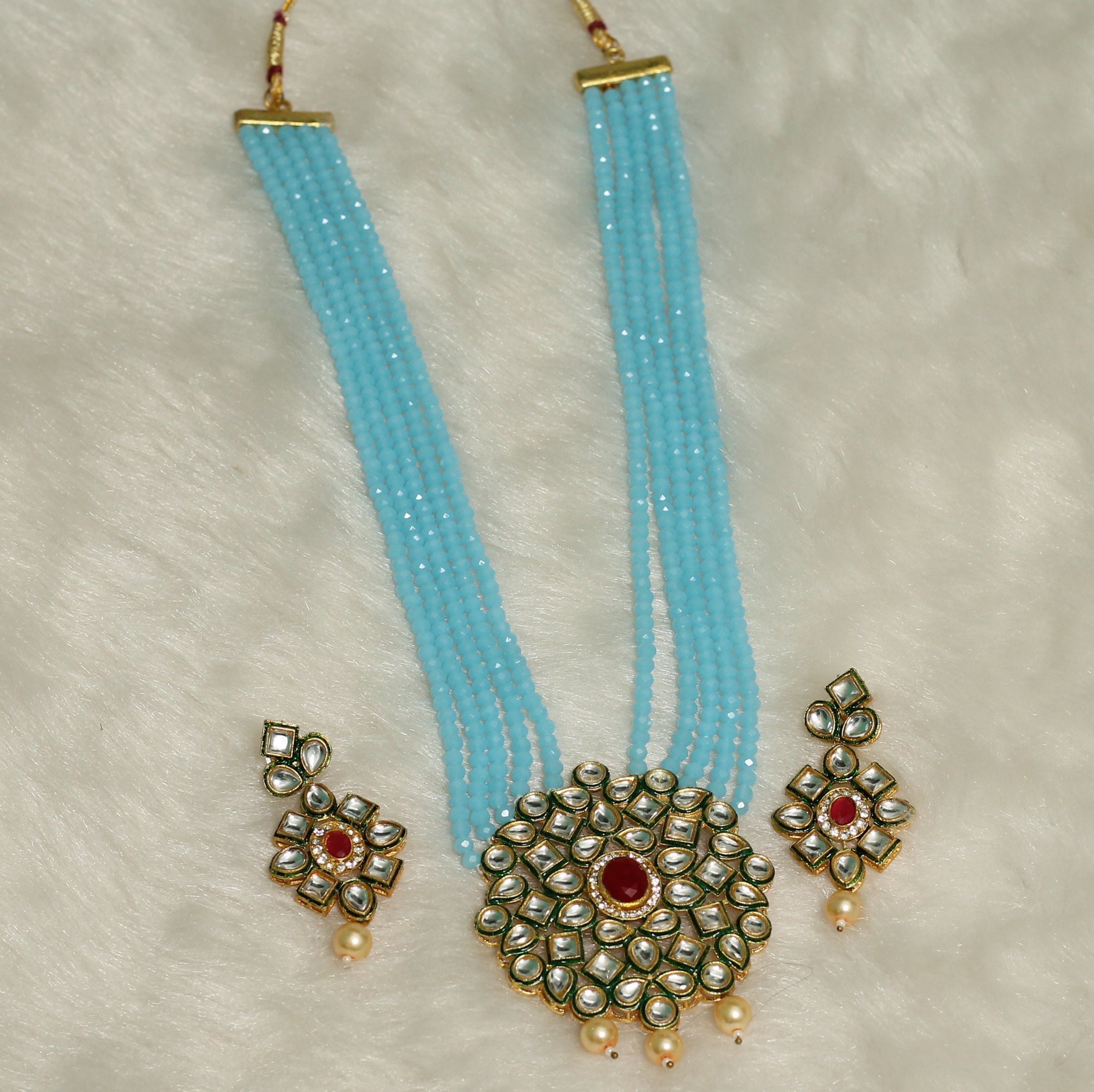 Glass Crystal Beaded Kundan Multilayer Necklace Earring Set Turquoise
