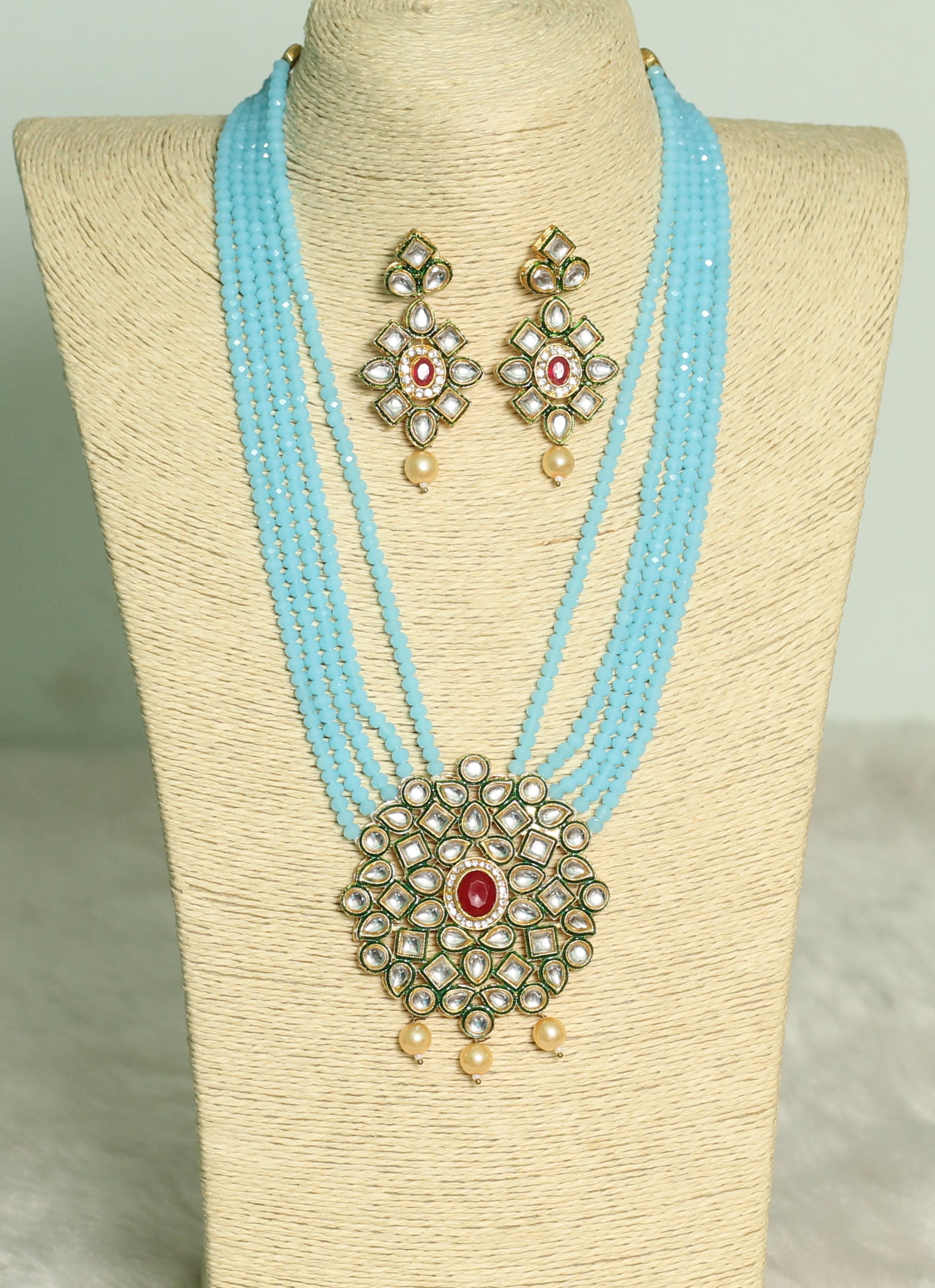 Glass Crystal Beaded Kundan Multilayer Necklace Earring Set Turquoise