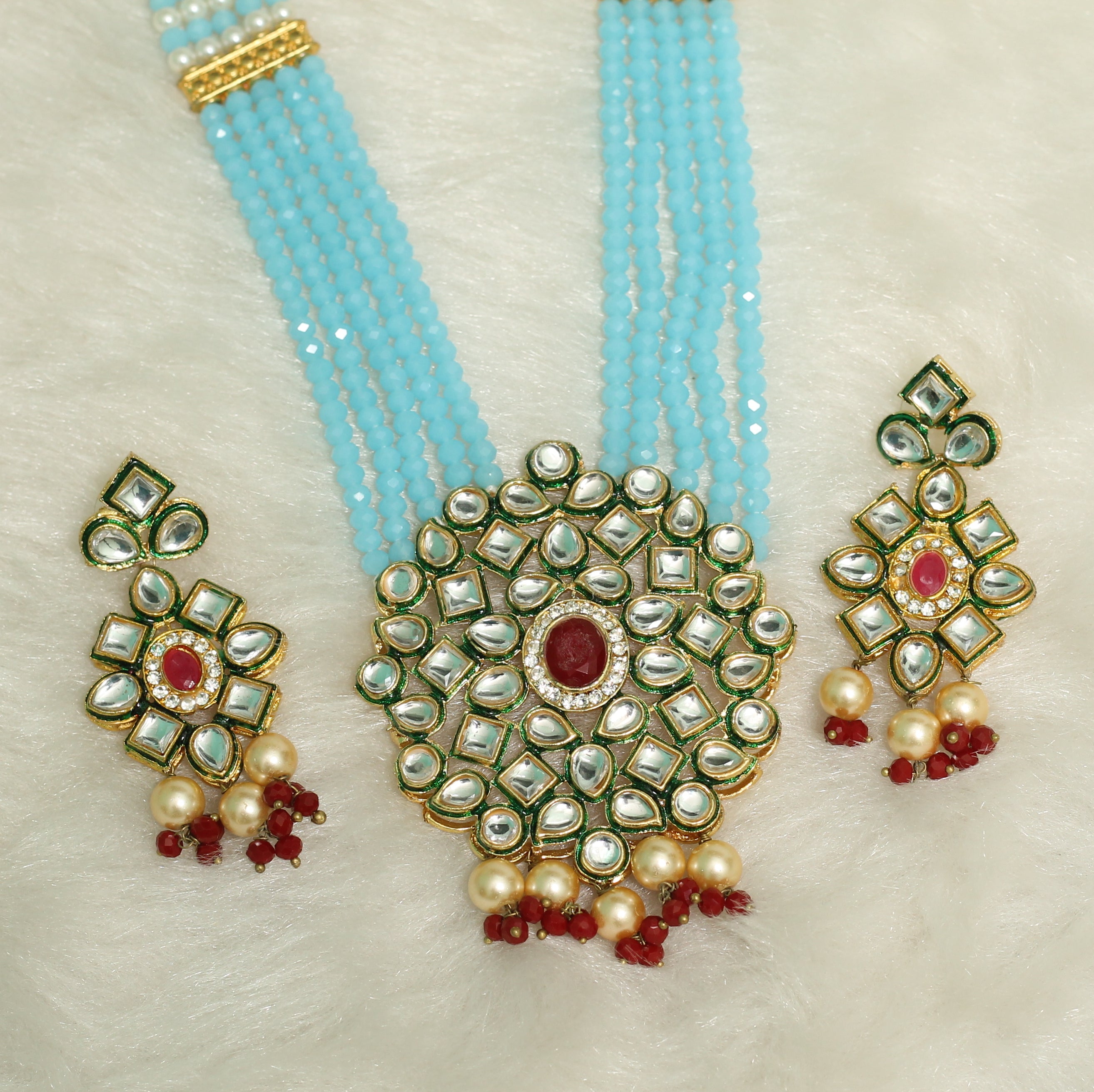 Glass Crystal Beaded Kundan Multilayer Designer Necklace Earring Set Turquoise