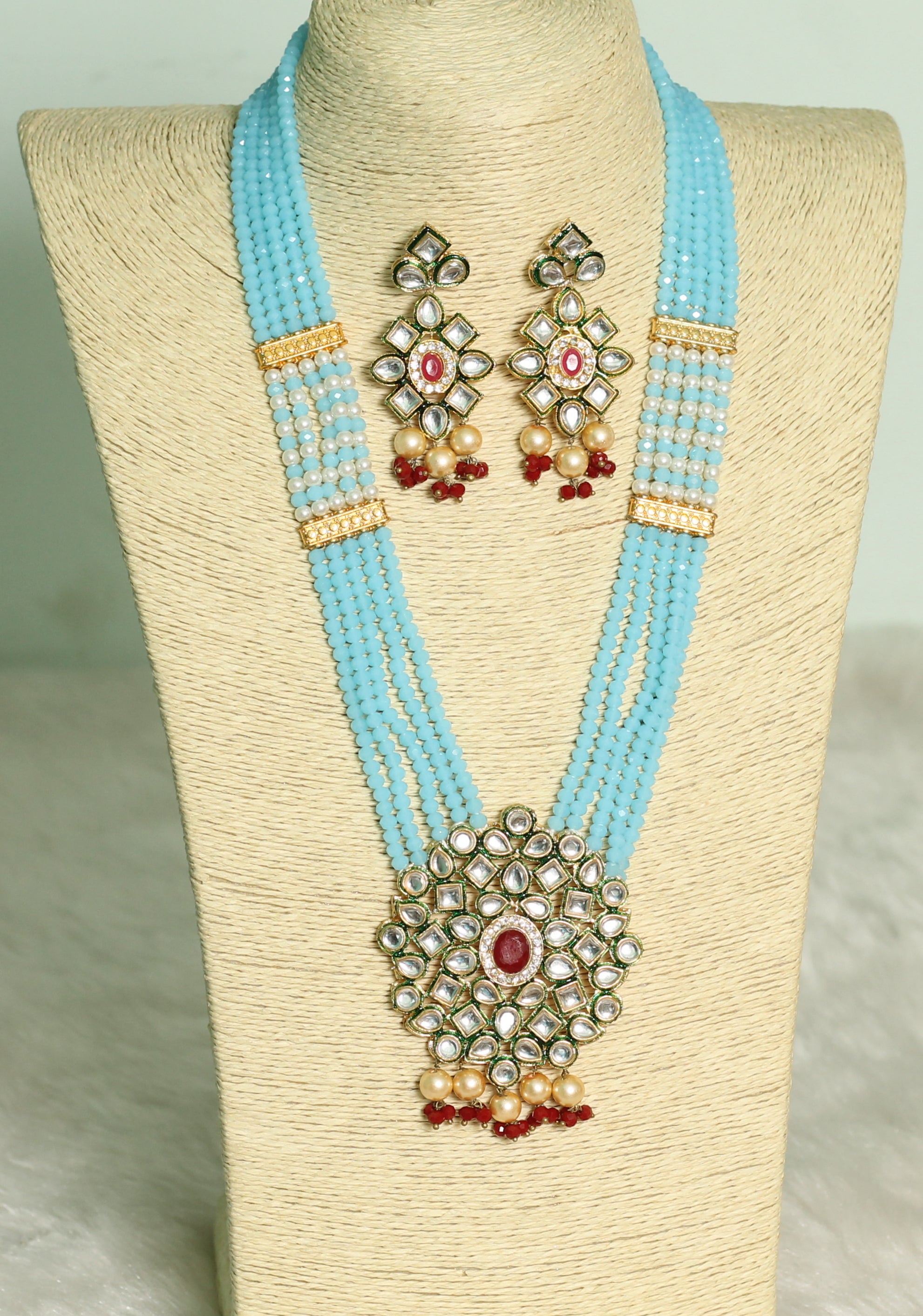 Glass Crystal Beaded Kundan Multilayer Designer Necklace Earring Set Turquoise