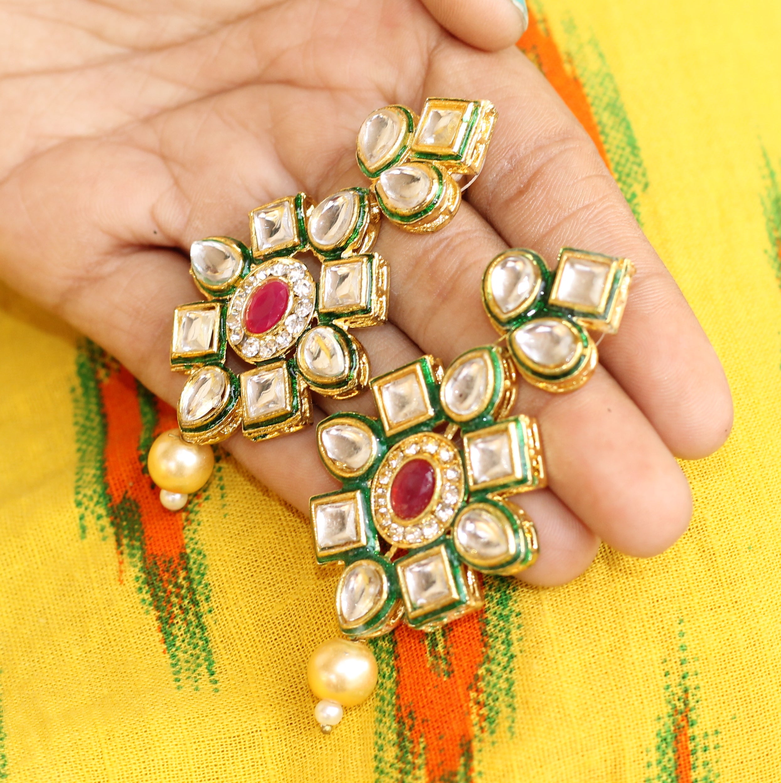 Glass Crystal Beaded Kundan Multilayer Designer Necklace Earring Set Green