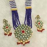 Glass Crystal Beaded Kundan Multilayer Designer Necklace Earring Set Blue