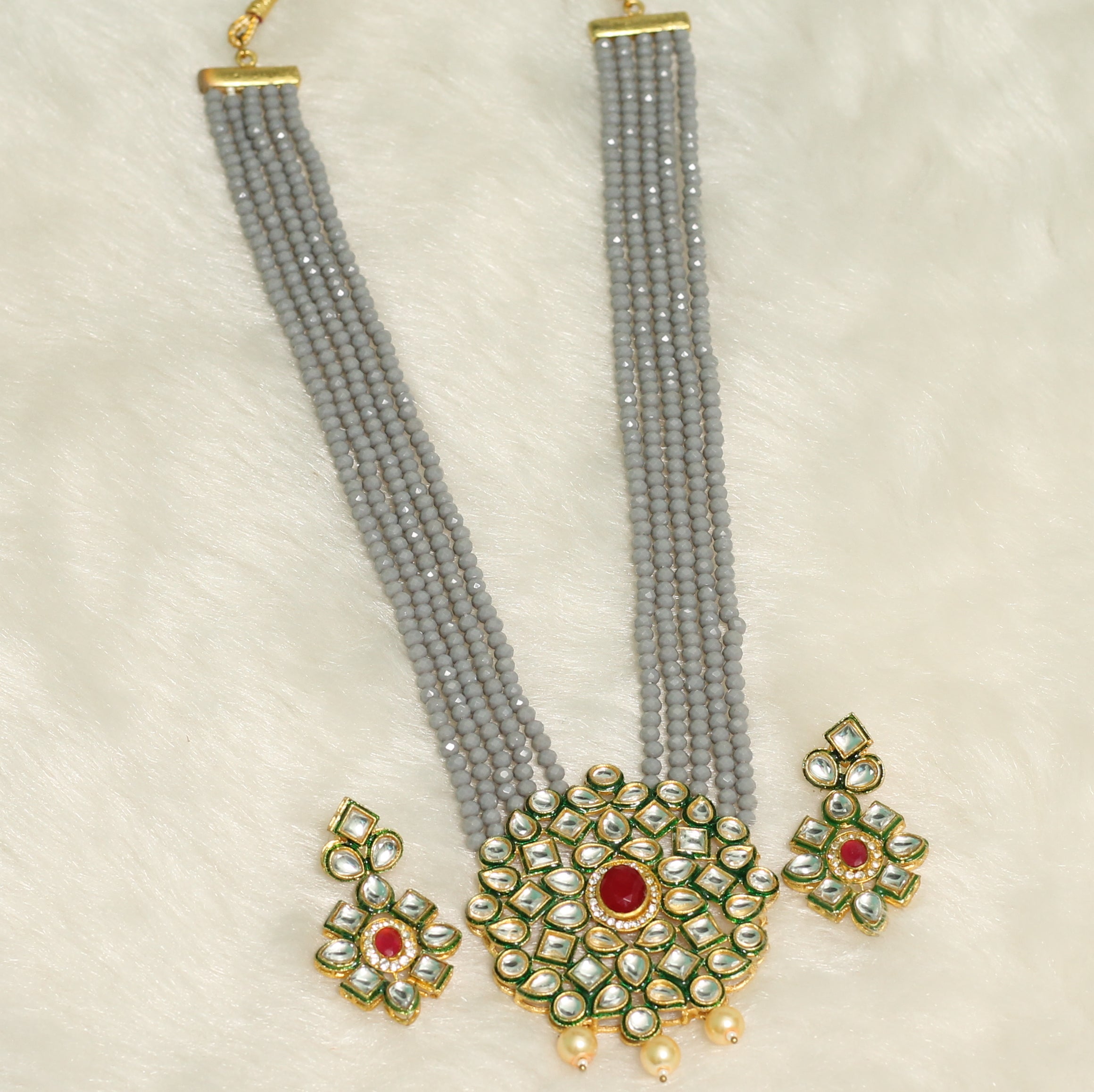 Glass Crystal Beaded Kundan Multilayer Necklace Earring Set Grey