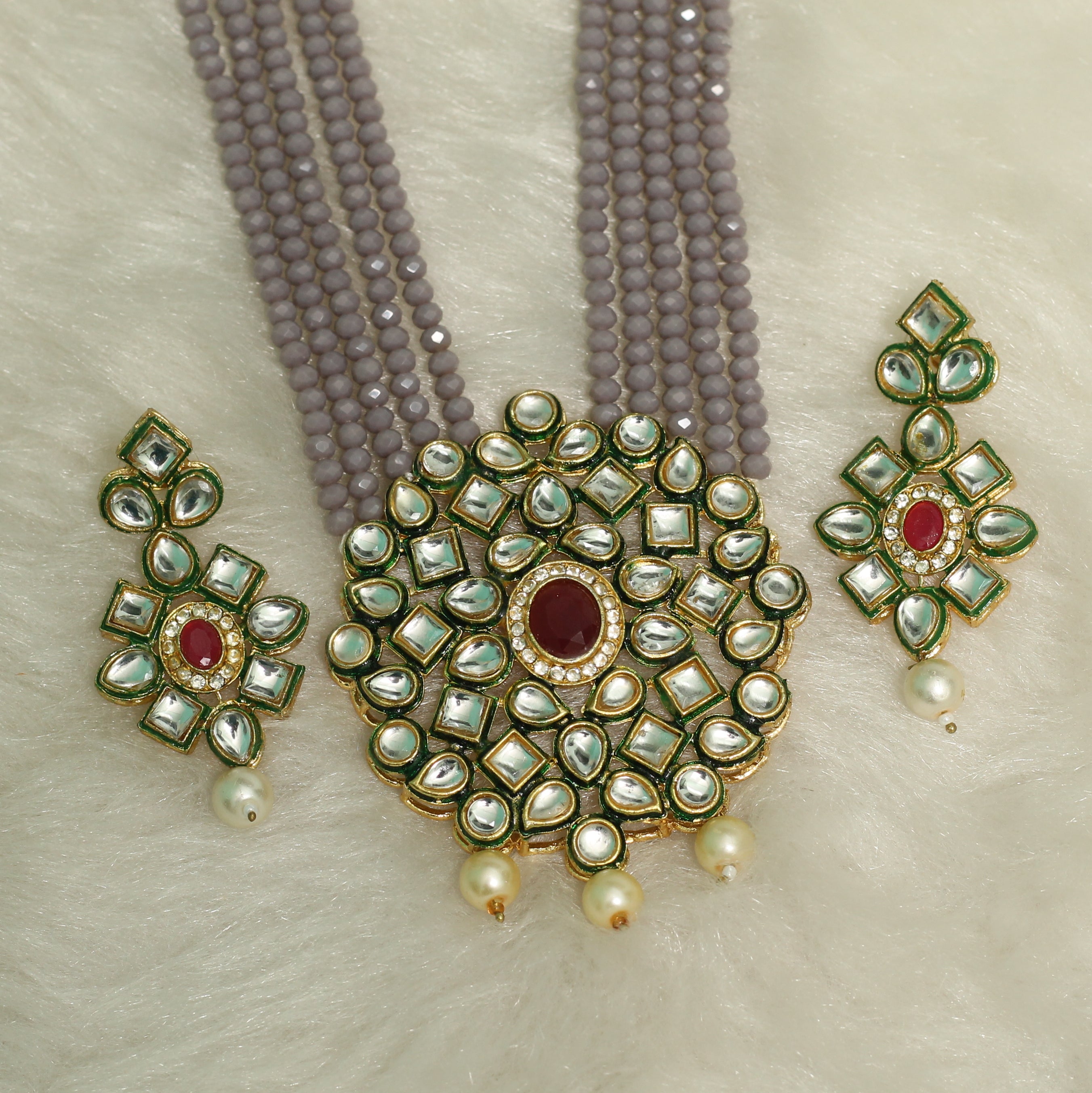 Glass Crystal Beaded Kundan Multilayer Necklace Earring Set Purple