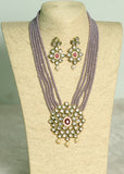 Glass Crystal Beaded Kundan Multilayer Necklace Earring Set Purple